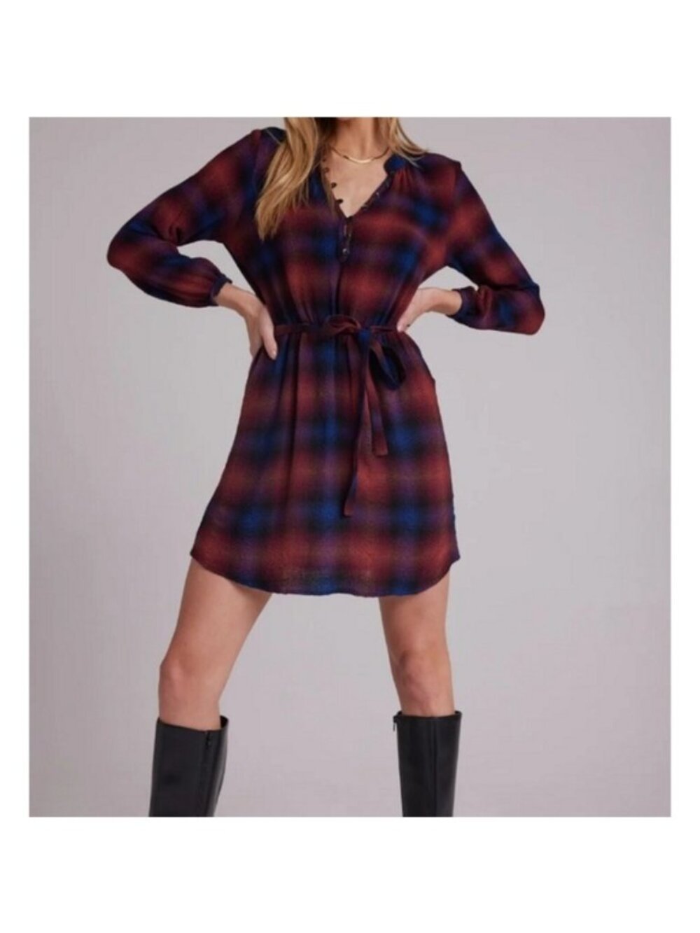Bella Dahl Half Placket Plaid Dress Medium New Fall Business Casual Preppy